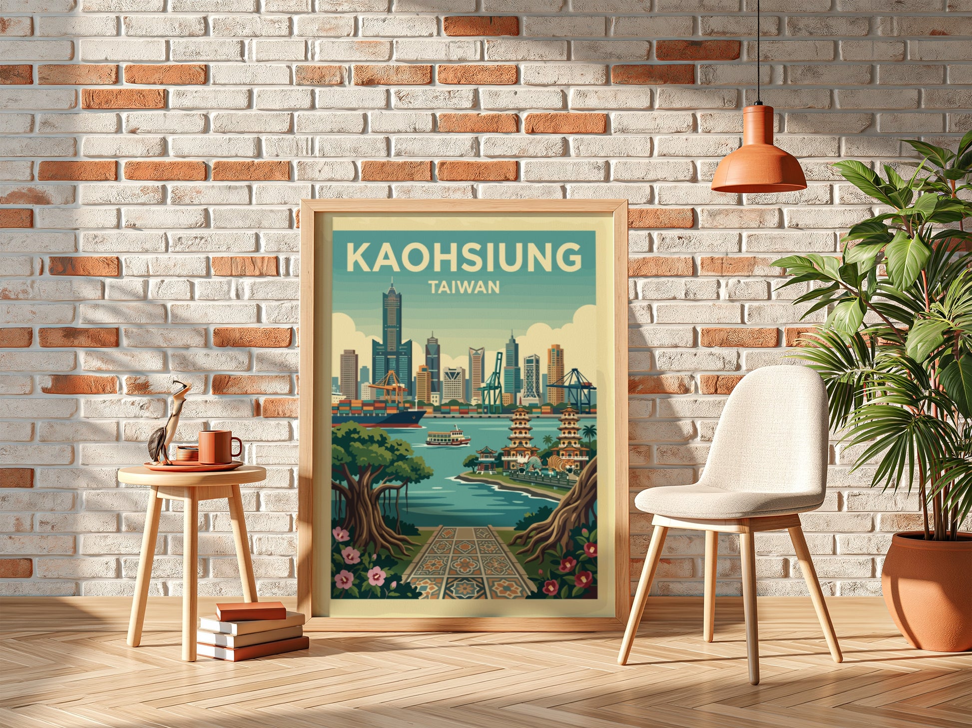 Kaohsiung skyline travel poster with retro illustration style and warm color palette.