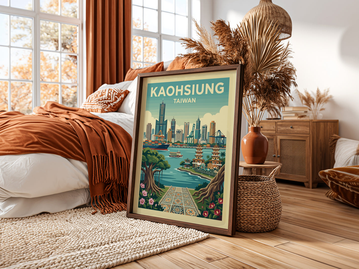 Kaohsiung skyline travel poster with retro illustration style and warm color palette.