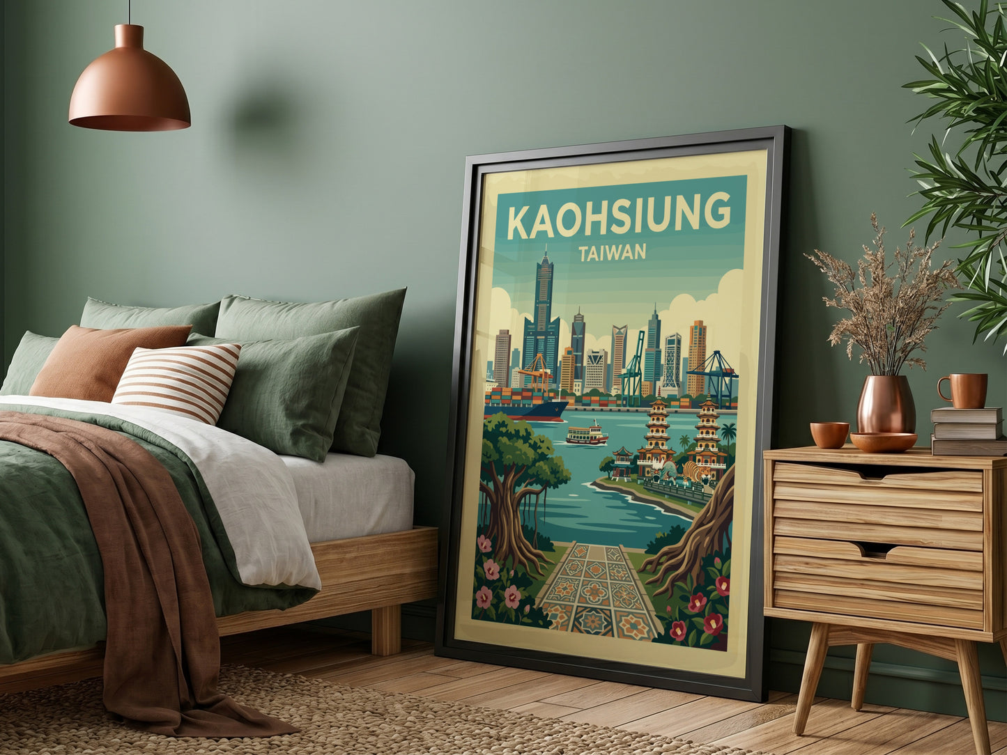 Kaohsiung skyline travel poster with retro illustration style and warm color palette.