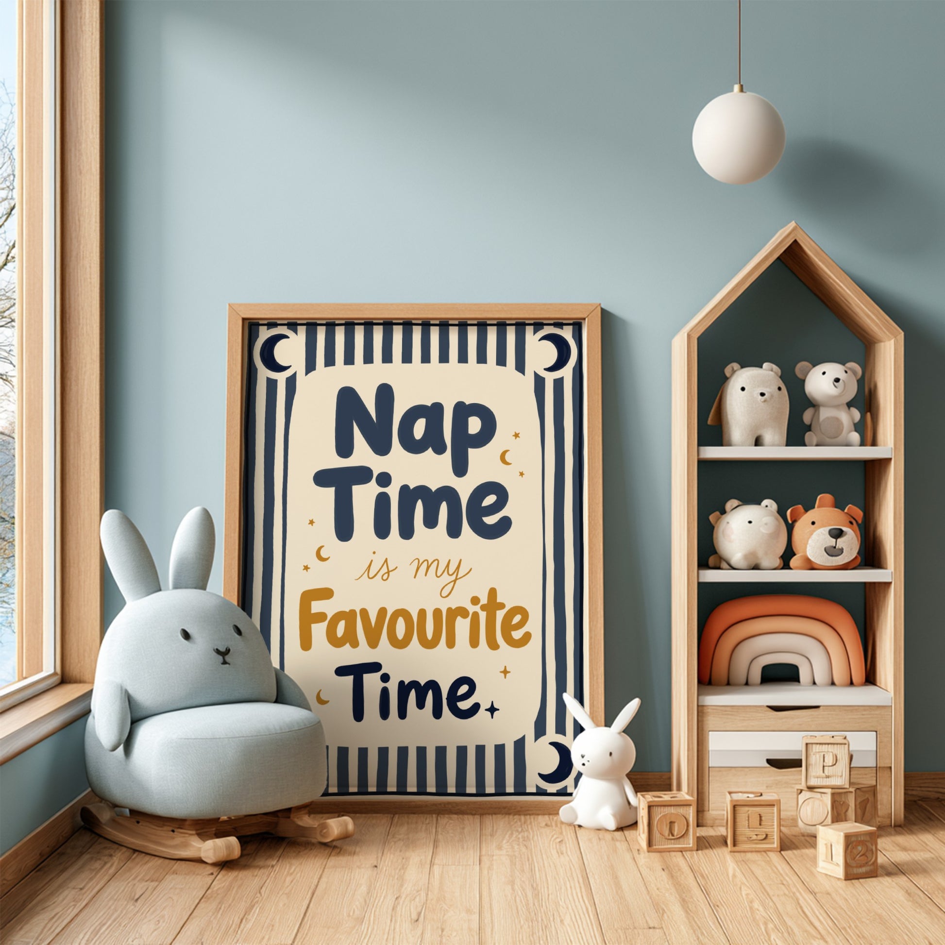 Kids room poster featuring 'Nap Time' text with moon and stars in soft colors, ideal for nursery decor.