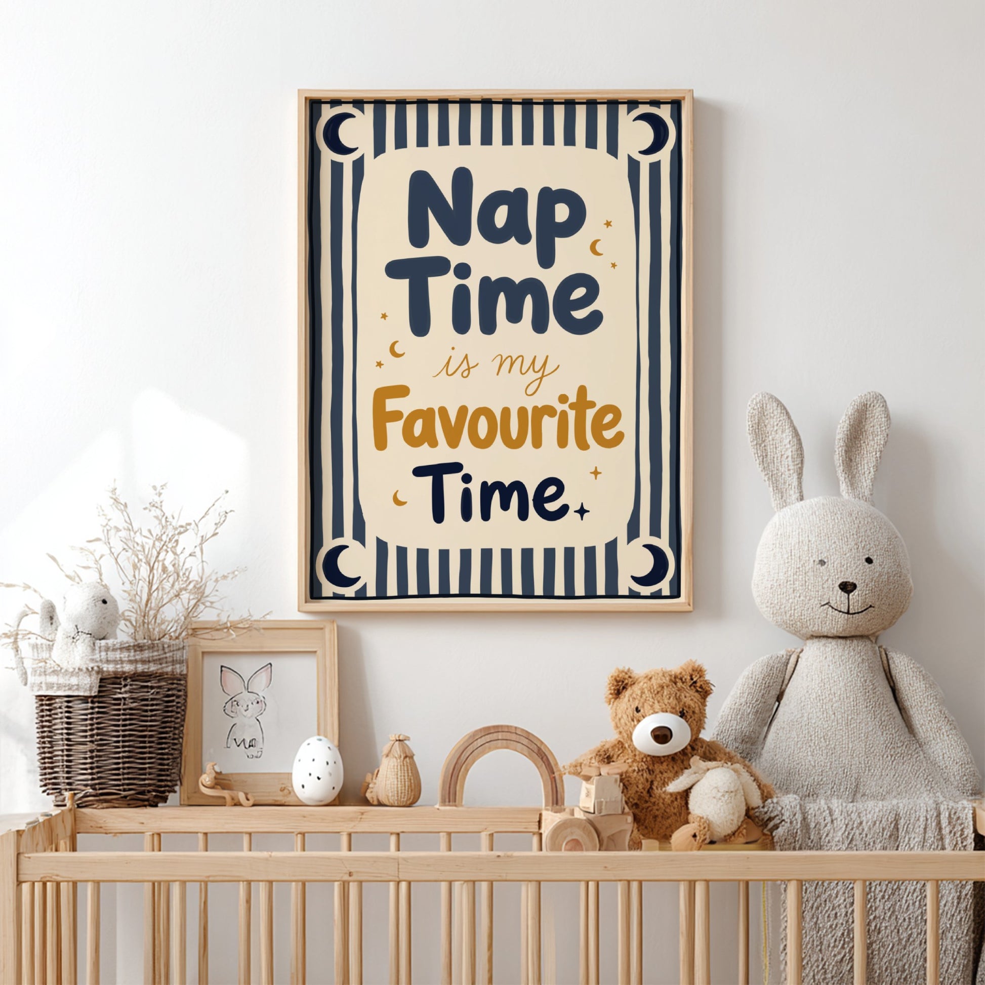 Kids room poster featuring 'Nap Time' text with moon and stars in soft colors, ideal for nursery decor.