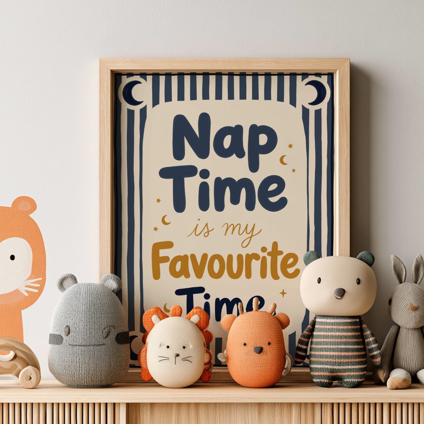 Kids room poster featuring 'Nap Time' text with moon and stars in soft colors, ideal for nursery decor.