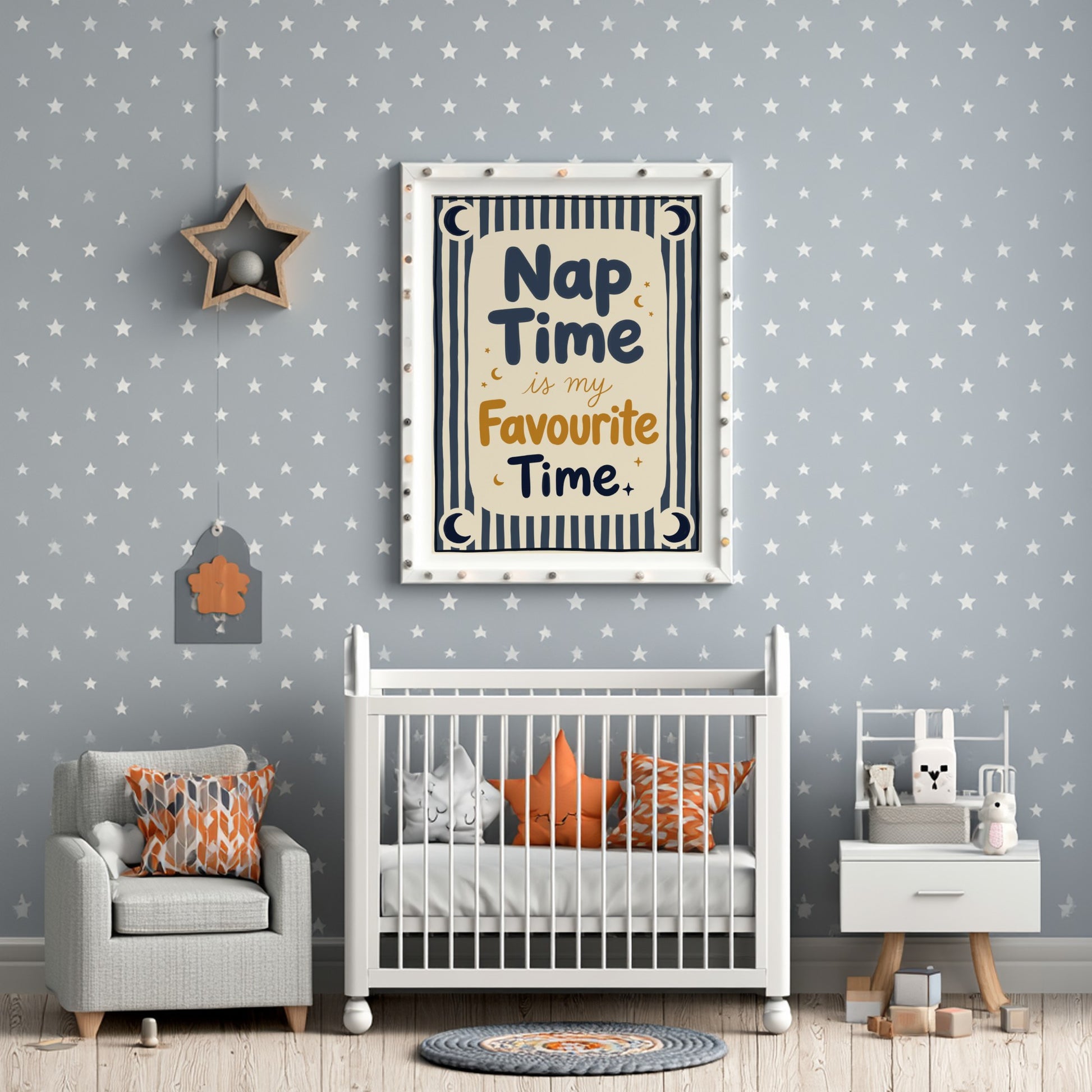 Kids room poster featuring 'Nap Time' text with moon and stars in soft colors, ideal for nursery decor.