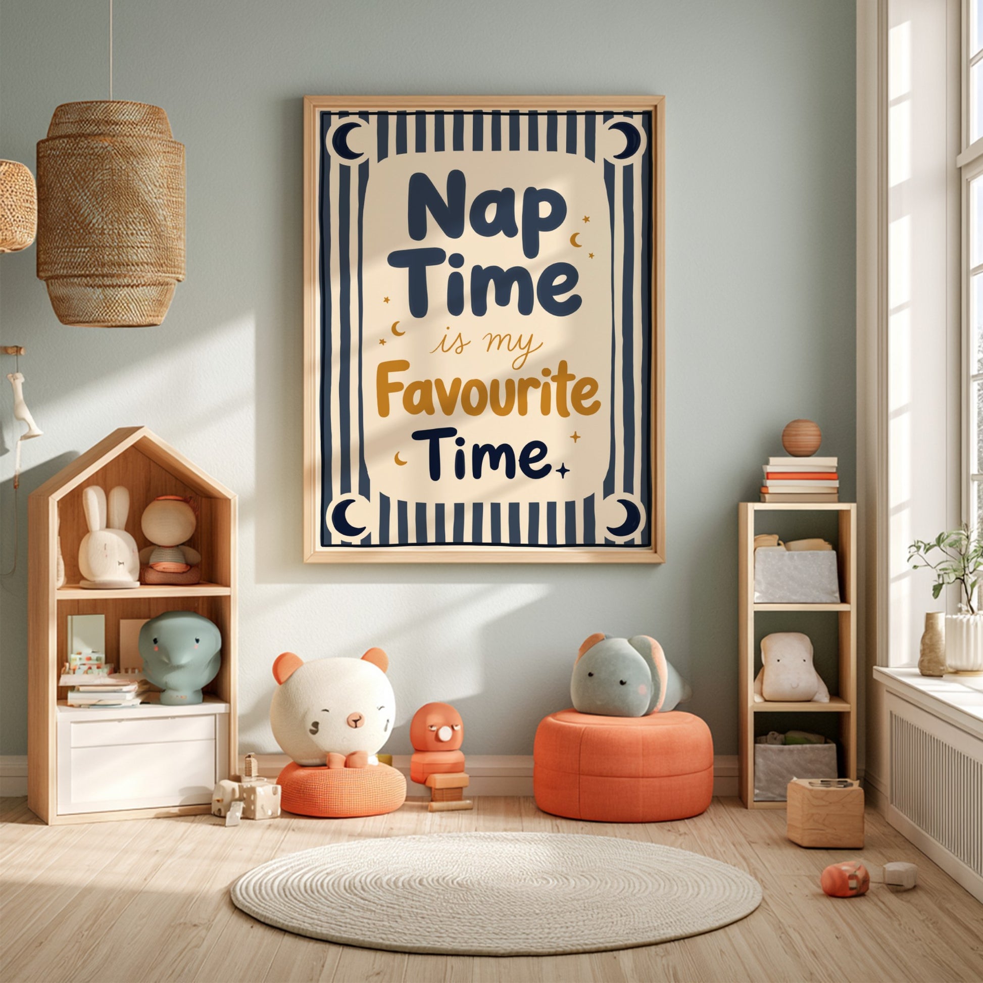 Kids room poster featuring 'Nap Time' text with moon and stars in soft colors, ideal for nursery decor.