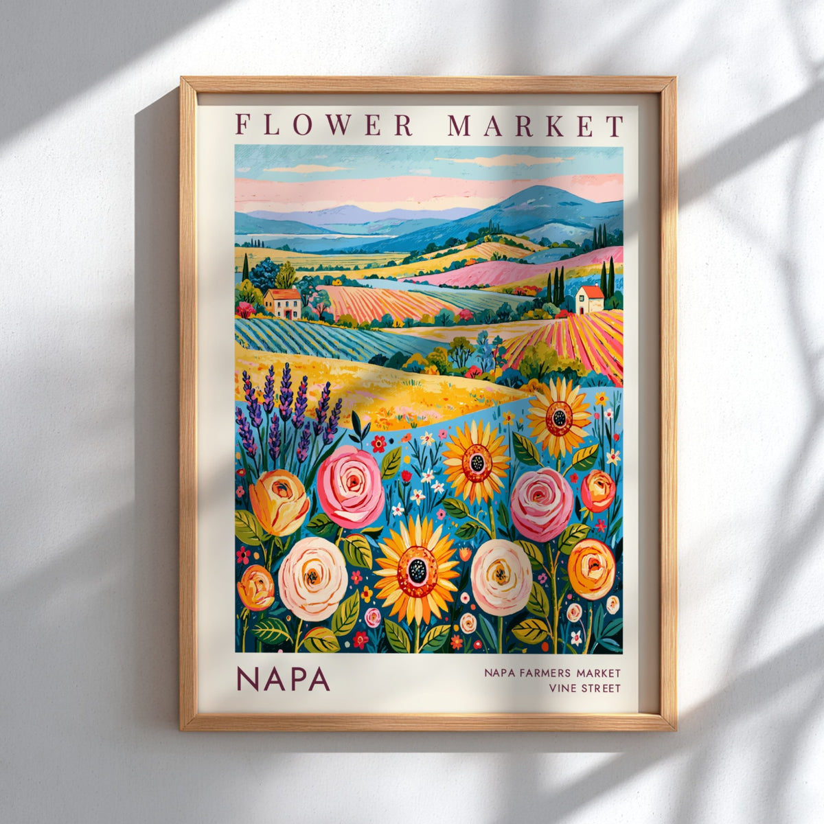 Flower market poster featuring vibrant flowers and rolling hills in a colorful travel art style
