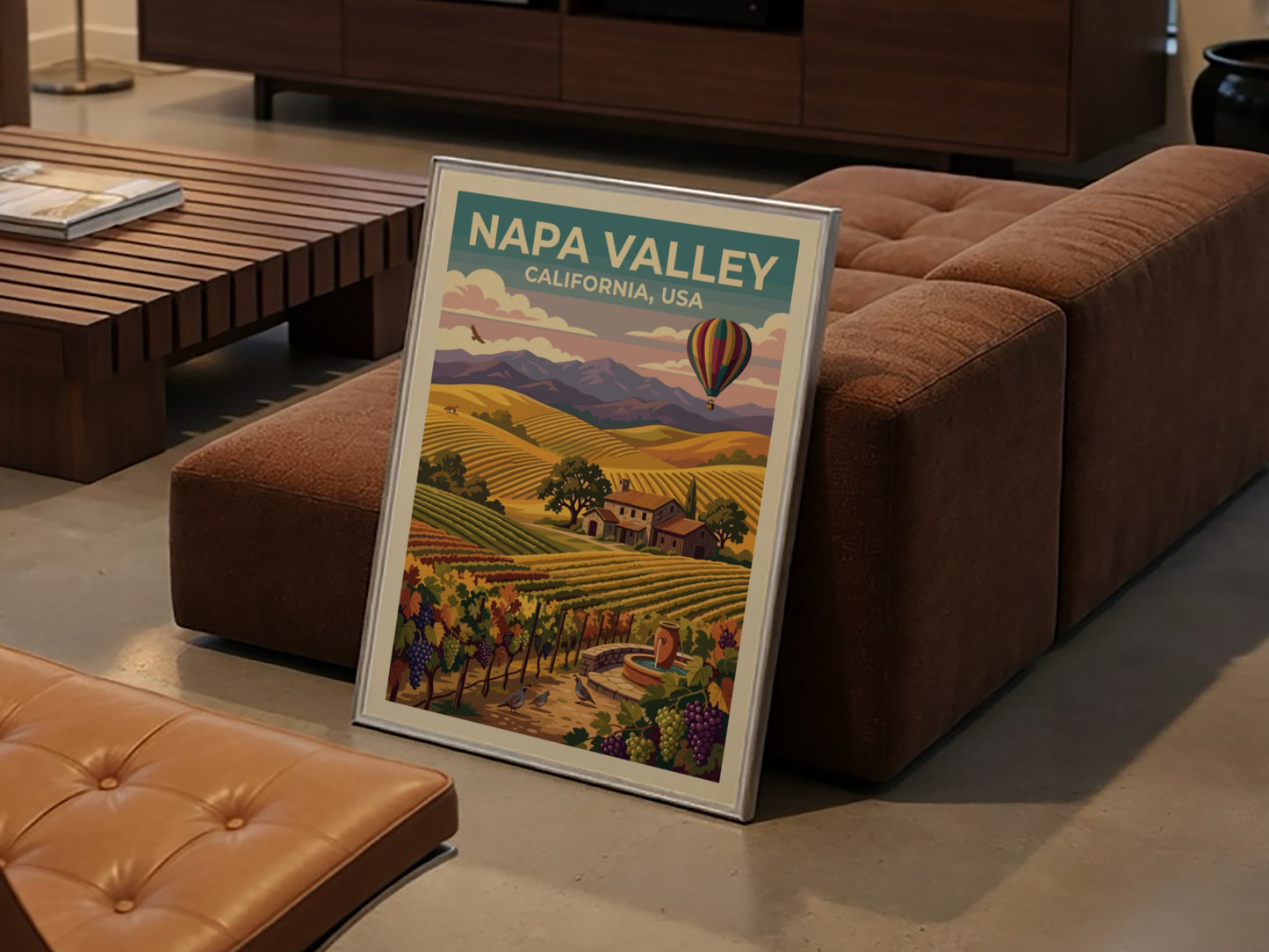 Travel poster of Napa Valley featuring rolling vineyards, a stone farmhouse, and balloon.