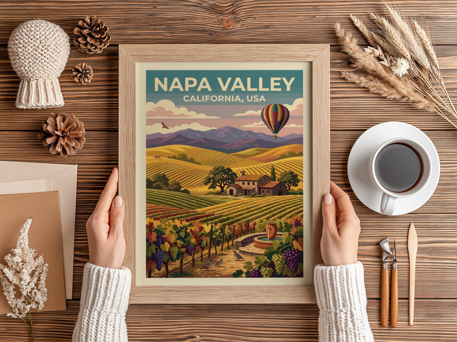 Travel poster of Napa Valley featuring rolling vineyards, a stone farmhouse, and balloon.