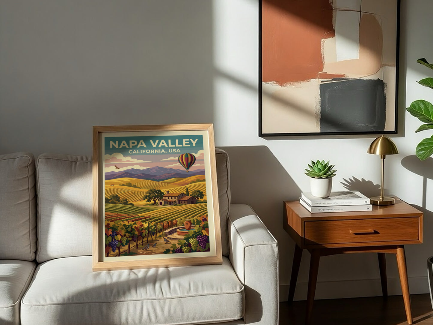Travel poster of Napa Valley featuring rolling vineyards, a stone farmhouse, and balloon.