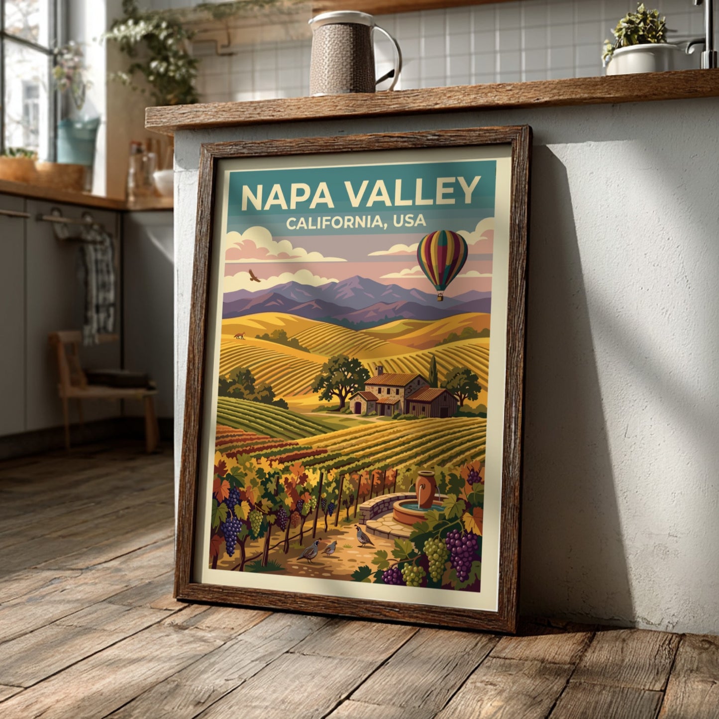 Travel poster of Napa Valley featuring rolling vineyards, a stone farmhouse, and balloon.