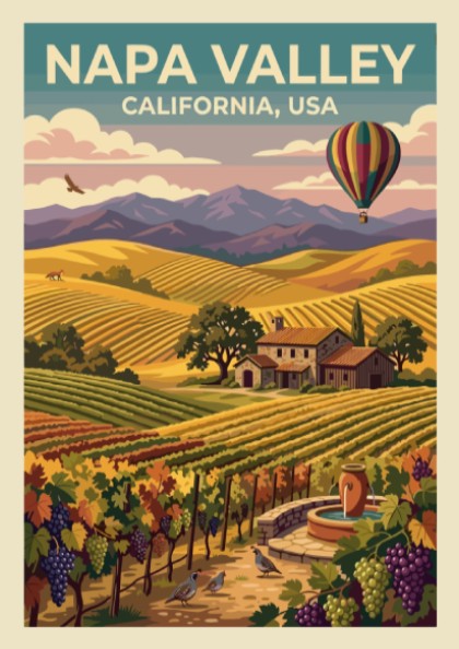 Travel poster of Napa Valley featuring rolling vineyards, a stone farmhouse, and balloon.