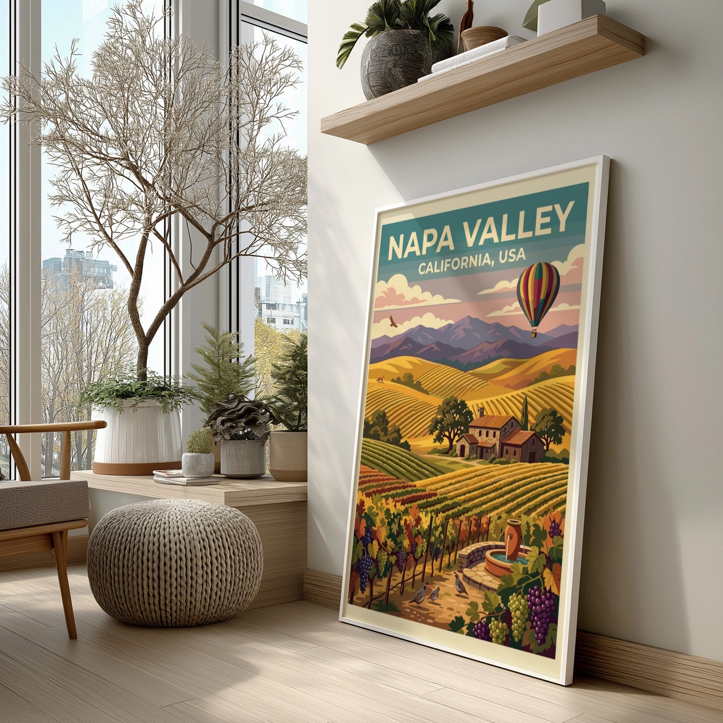 Travel poster of Napa Valley featuring rolling vineyards, a stone farmhouse, and balloon.