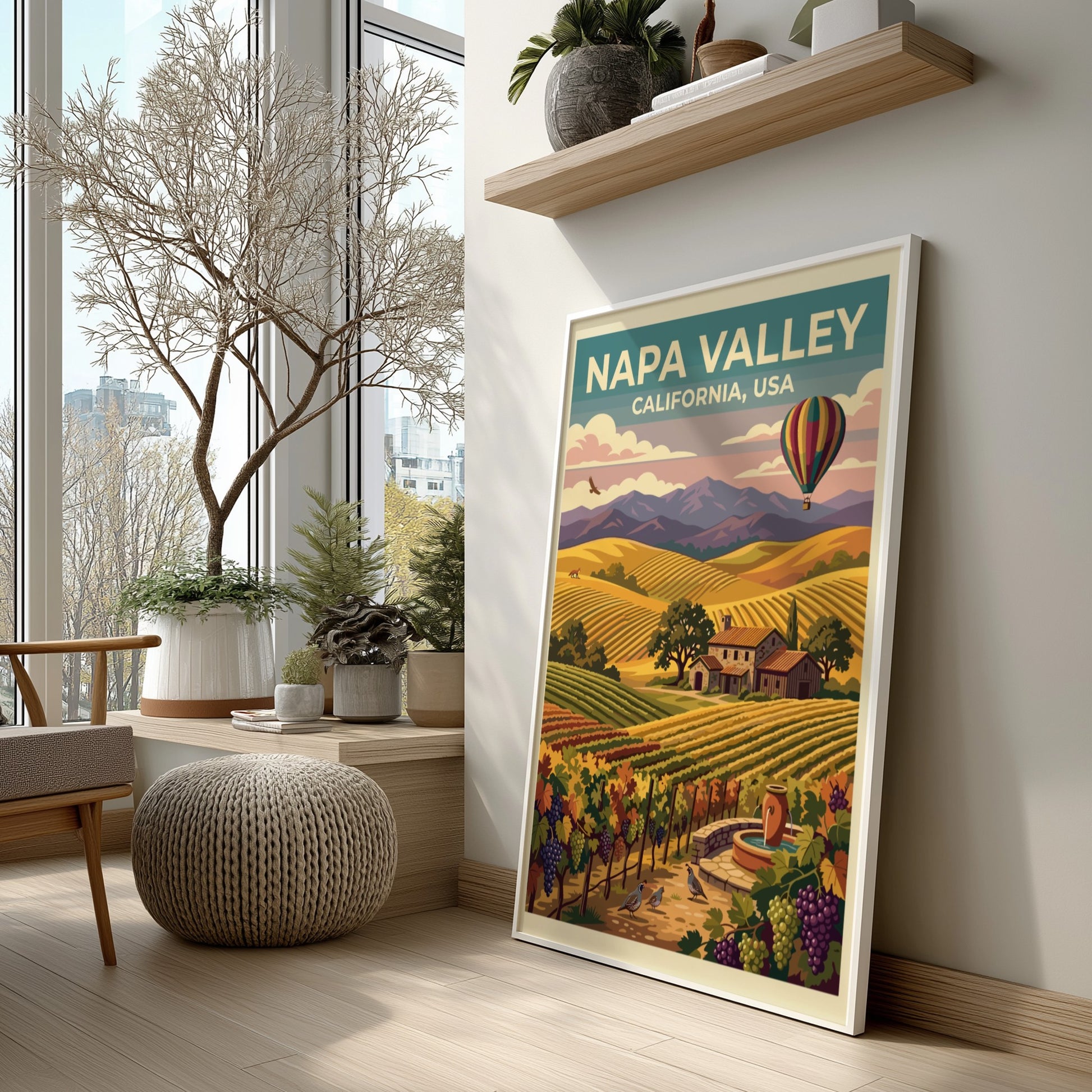 Travel poster of Napa Valley featuring rolling vineyards, a stone farmhouse, and balloon.