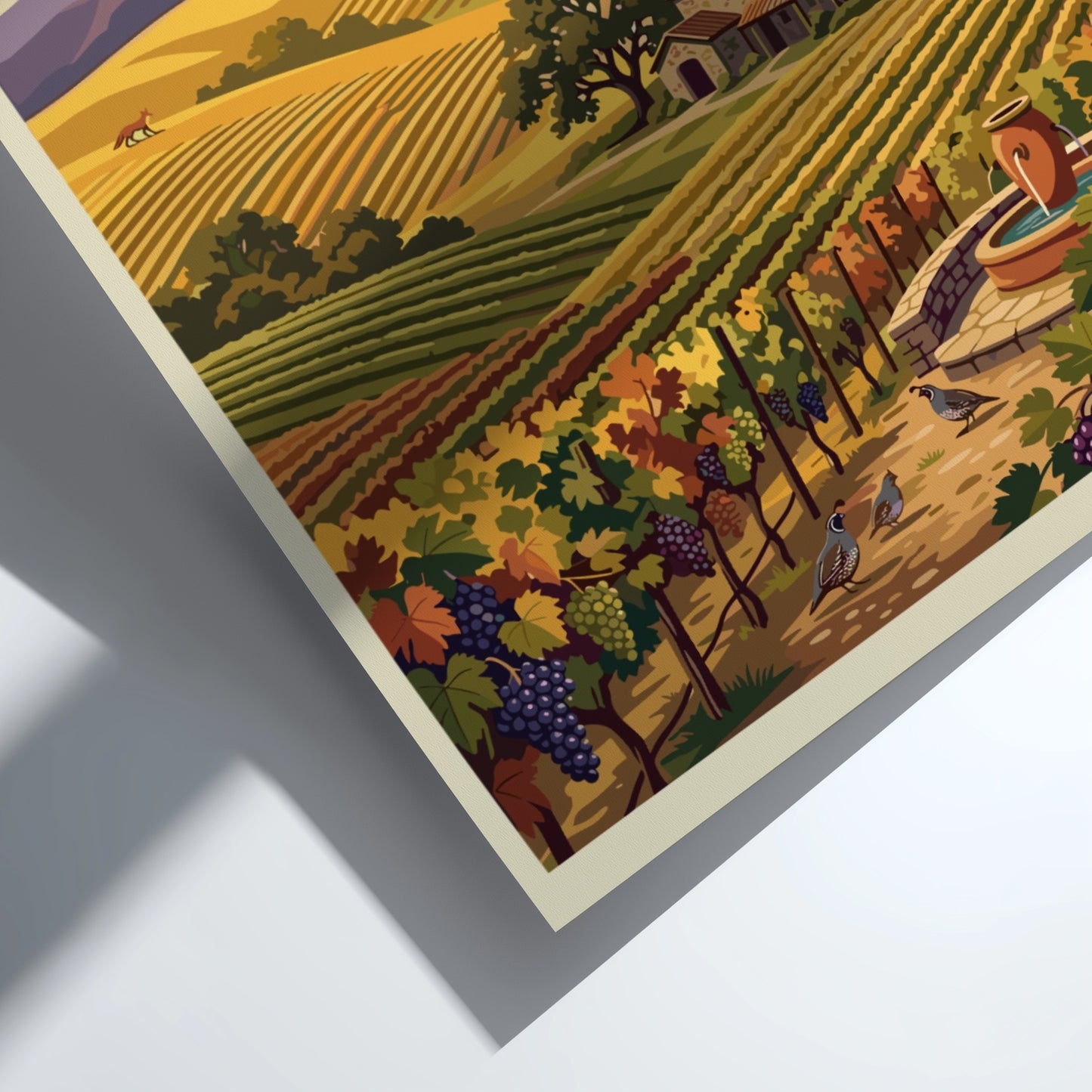 Travel poster of Napa Valley featuring rolling vineyards, a stone farmhouse, and balloon.