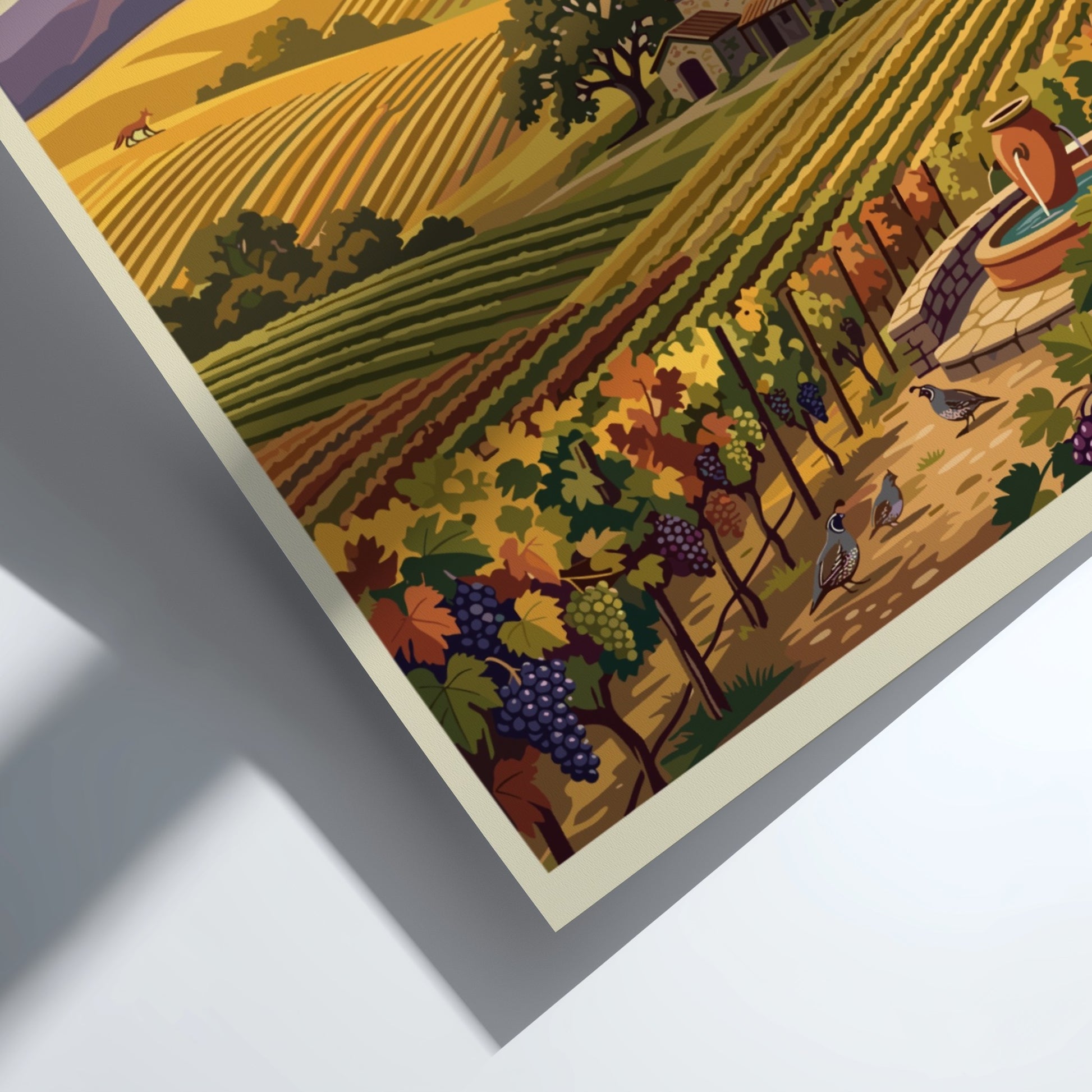 Travel poster of Napa Valley featuring rolling vineyards, a stone farmhouse, and balloon.