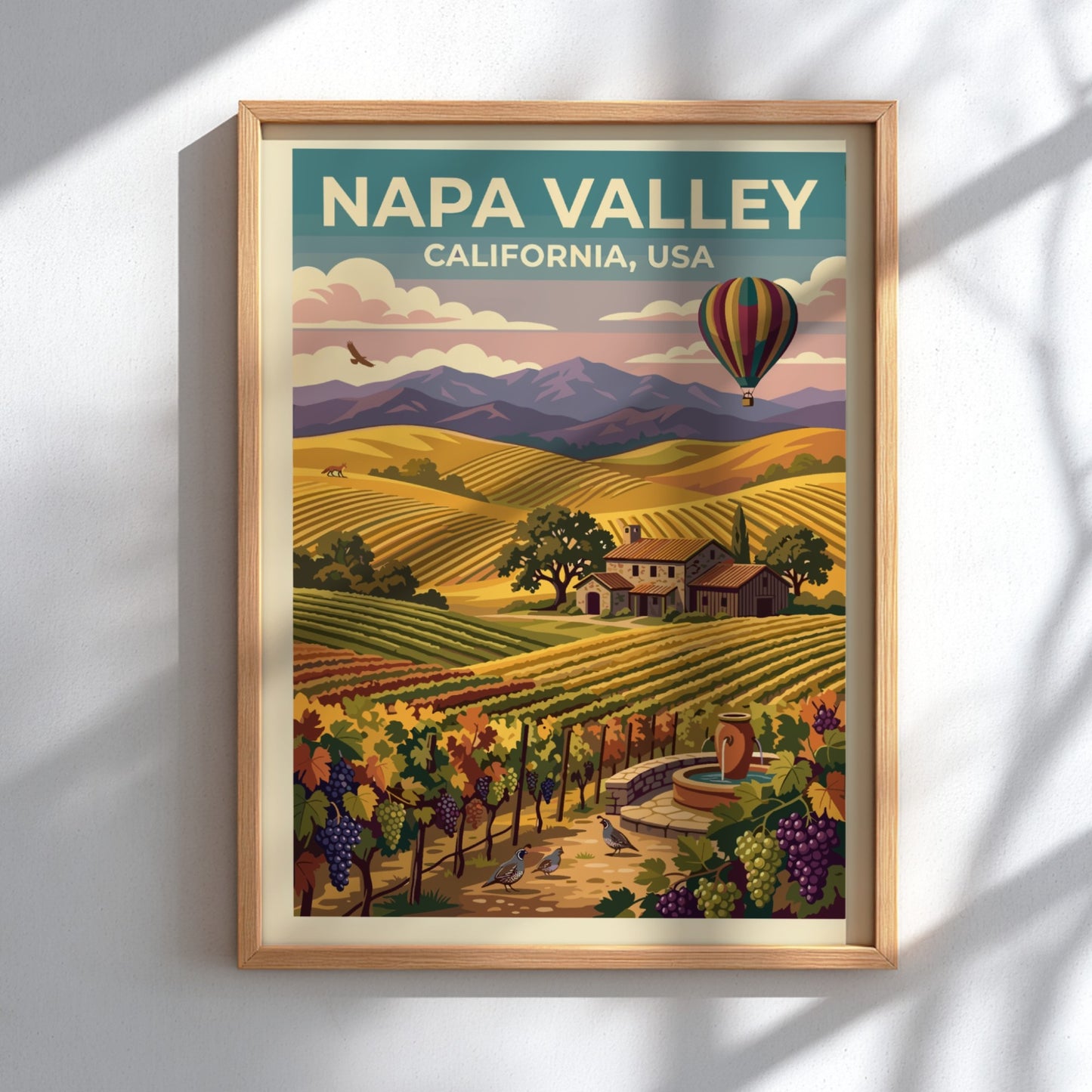 Travel poster of Napa Valley featuring rolling vineyards, a stone farmhouse, and balloon.