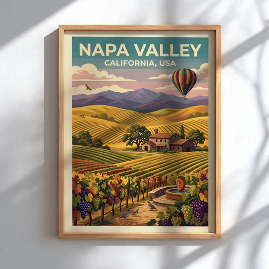 Travel poster of Napa Valley featuring rolling vineyards, a stone farmhouse, and balloon.