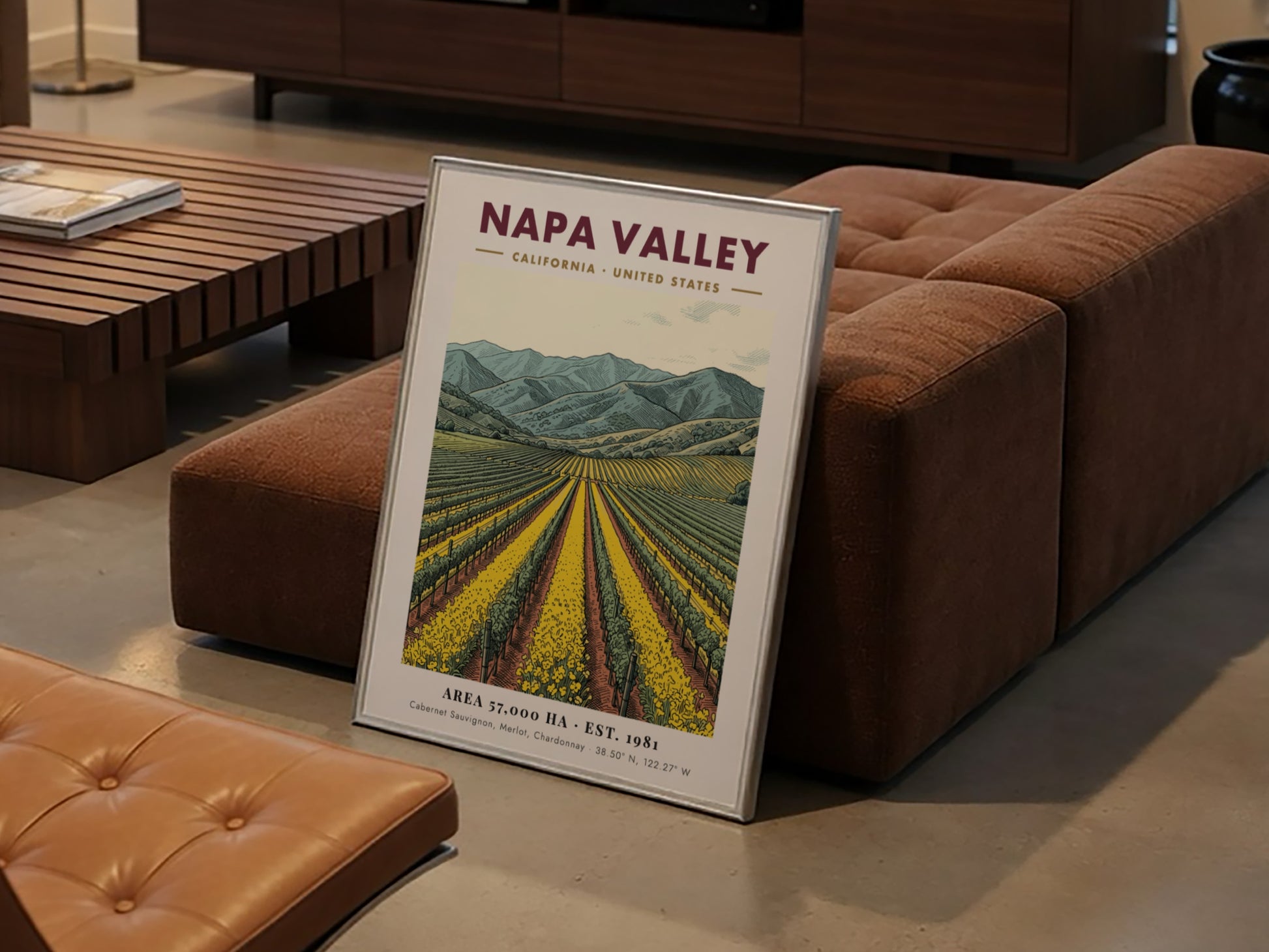 Poster of Napa Valley vineyards with yellow flowers and blue mountains in California.
