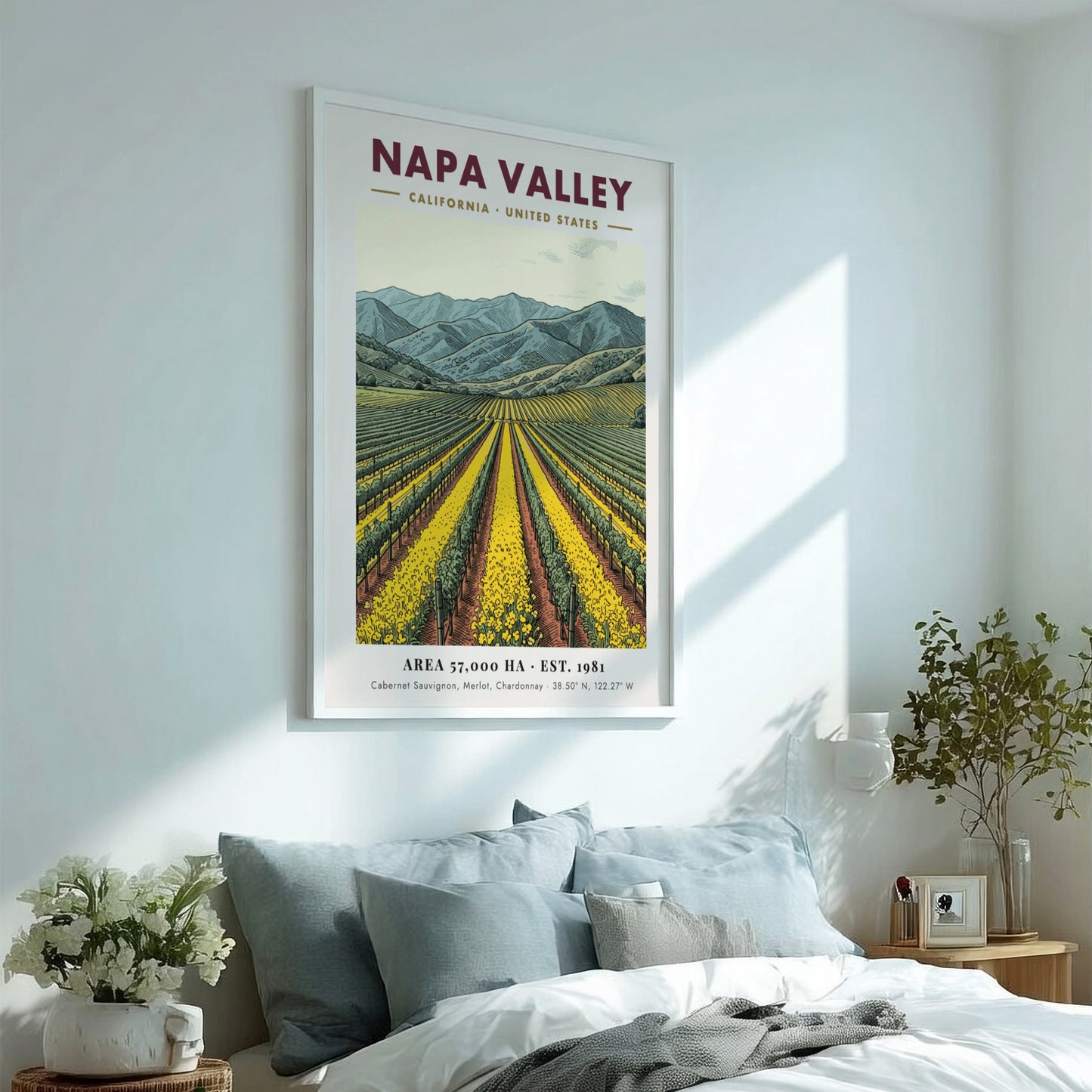 Poster of Napa Valley vineyards with yellow flowers and blue mountains in California.