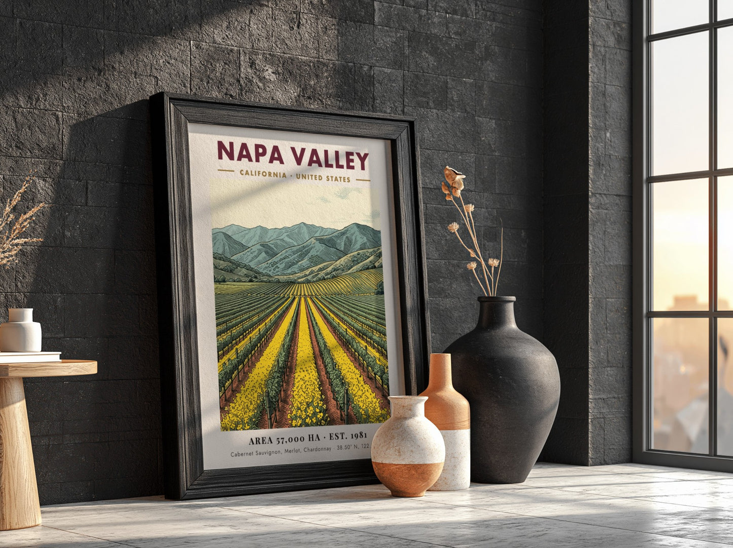 Poster of Napa Valley vineyards with yellow flowers and blue mountains in California.
