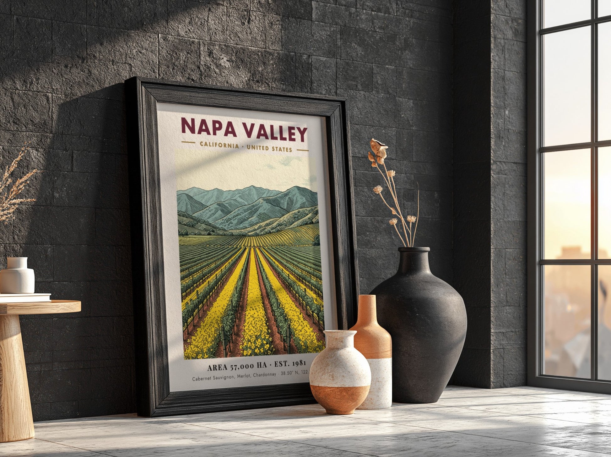 Poster of Napa Valley vineyards with yellow flowers and blue mountains in California.