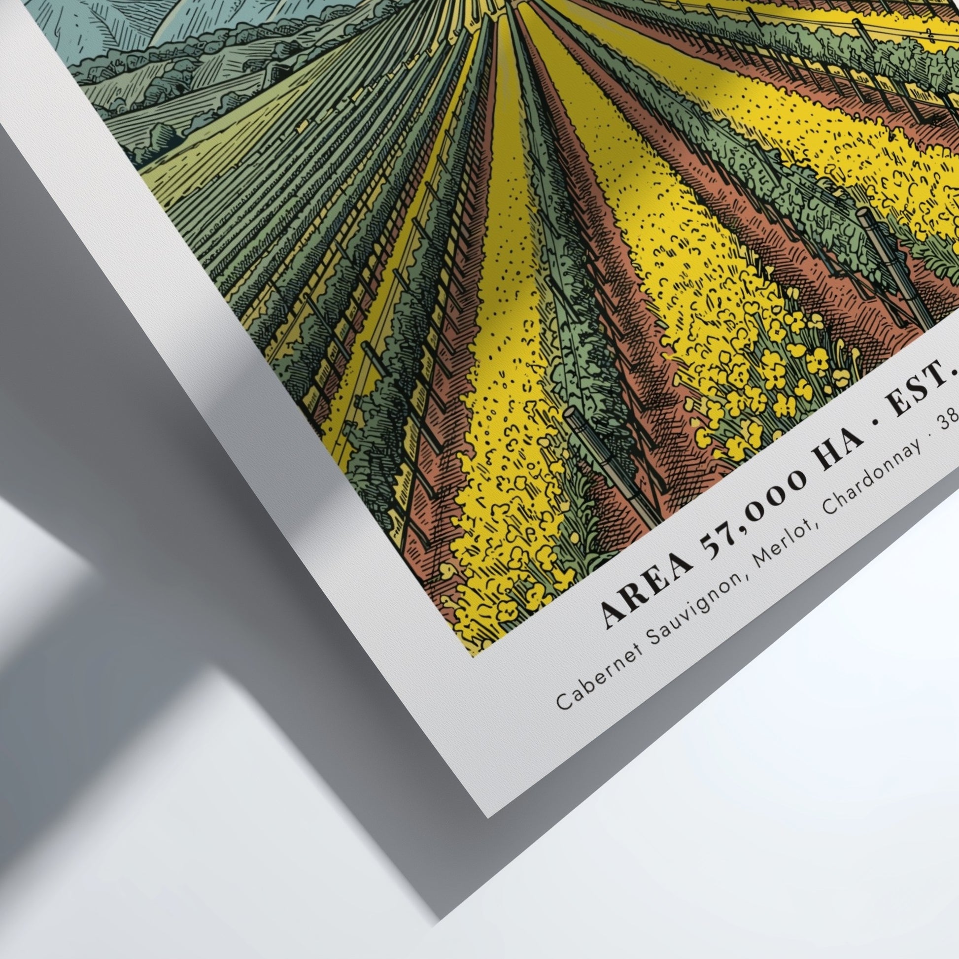 Poster of Napa Valley vineyards with yellow flowers and blue mountains in California.