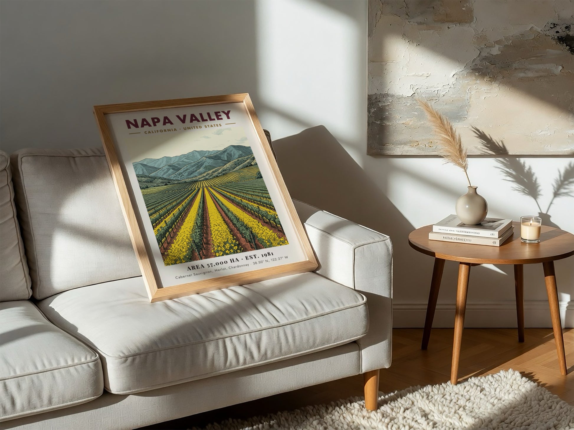 Poster of Napa Valley vineyards with yellow flowers and blue mountains in California.