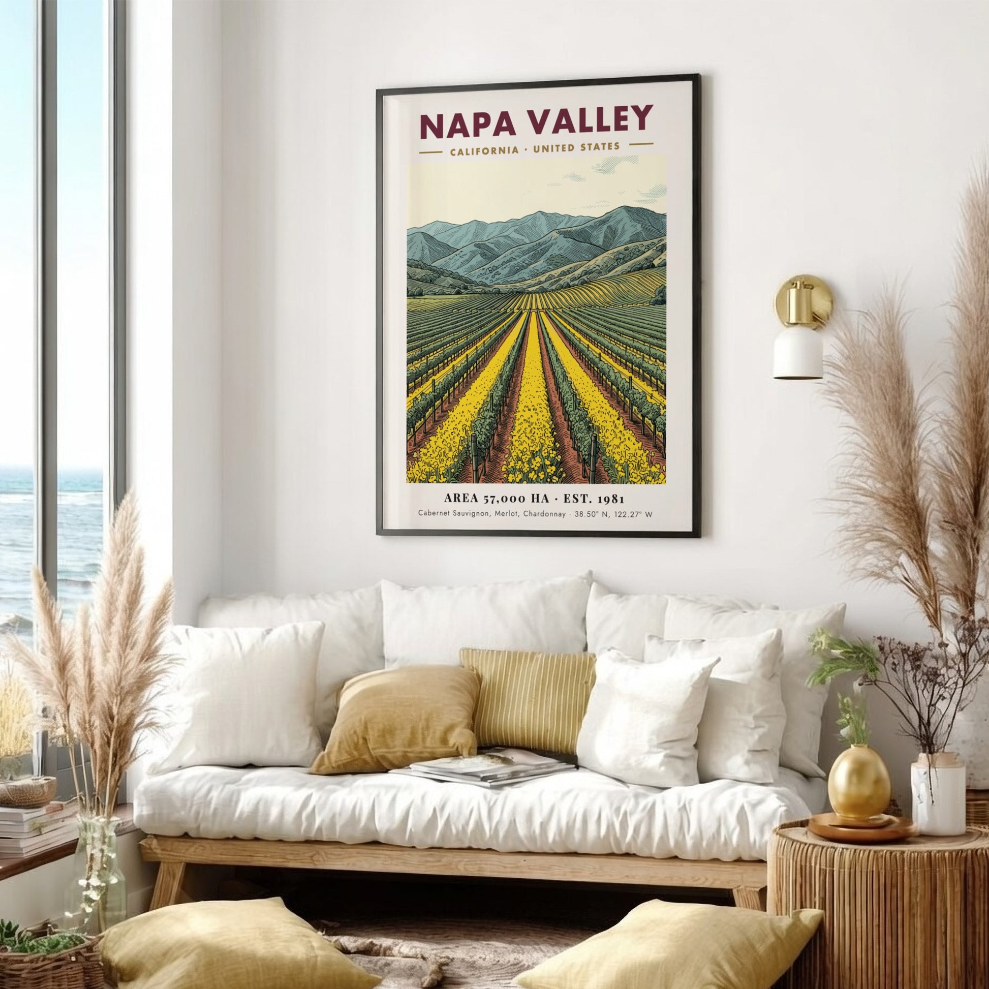 Poster of Napa Valley vineyards with yellow flowers and blue mountains in California.