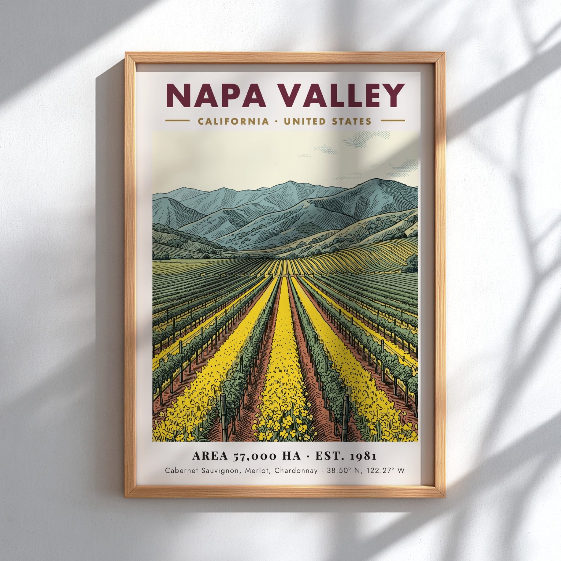 Poster of Napa Valley vineyards with yellow flowers and blue mountains in California.