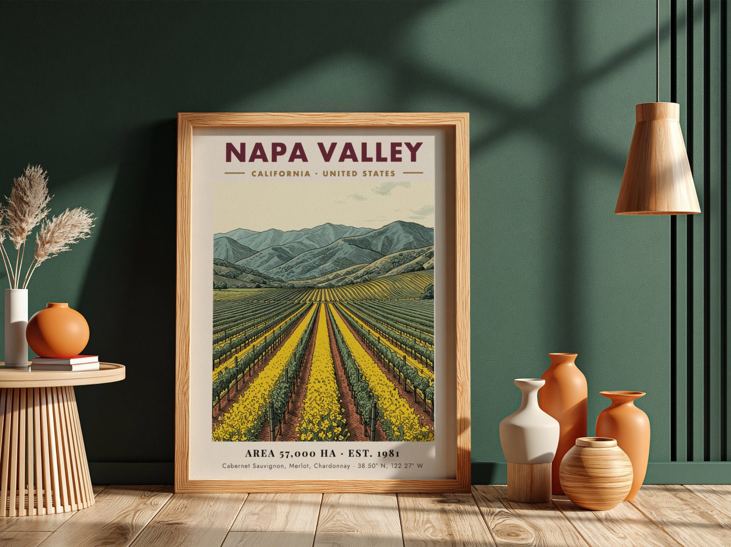 Poster of Napa Valley vineyards with yellow flowers and blue mountains in California.