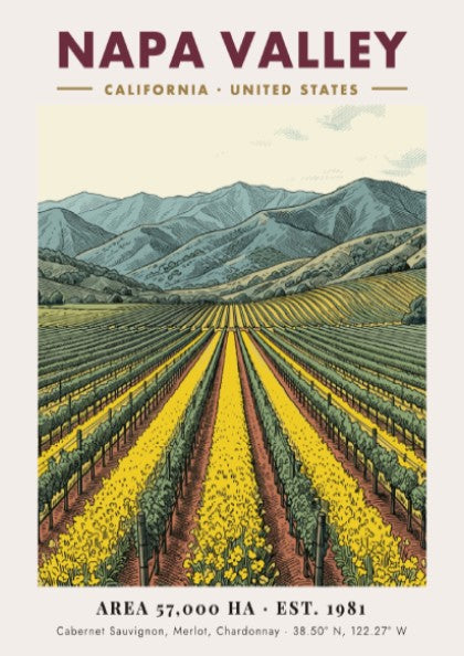 Poster of Napa Valley vineyards with yellow flowers and blue mountains in California.