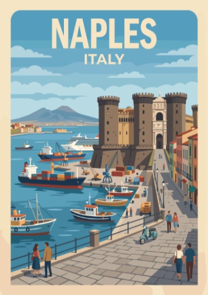 Naples Italy travel poster featuring a historic castle, harbor ships, and Mount Vesuvius.