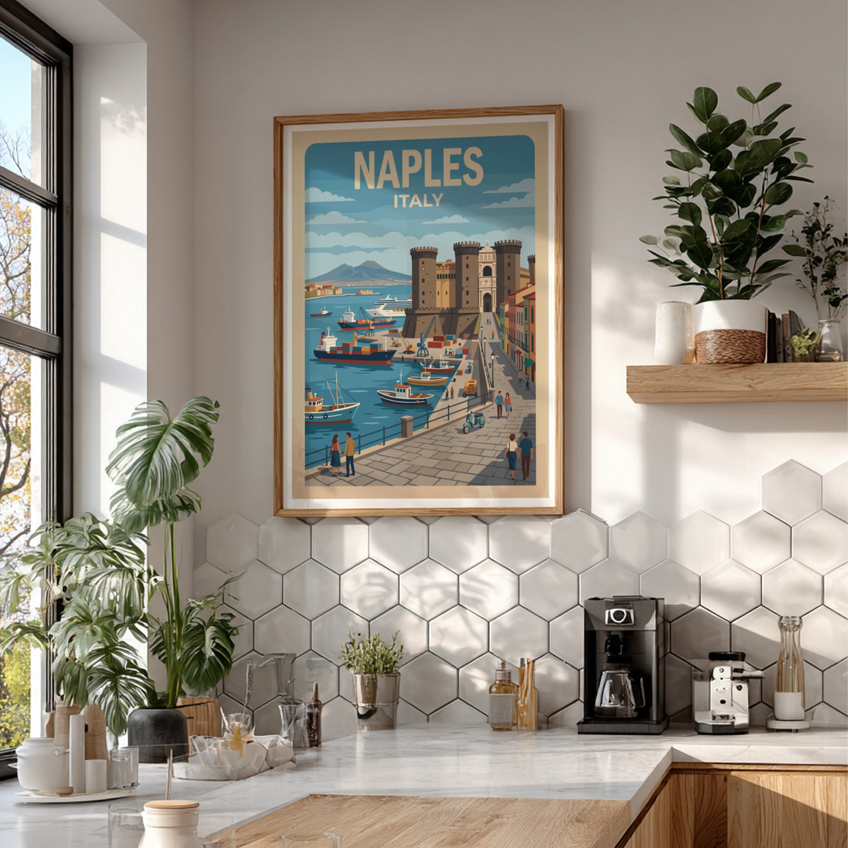 Naples Italy travel poster featuring a historic castle, harbor ships, and Mount Vesuvius.