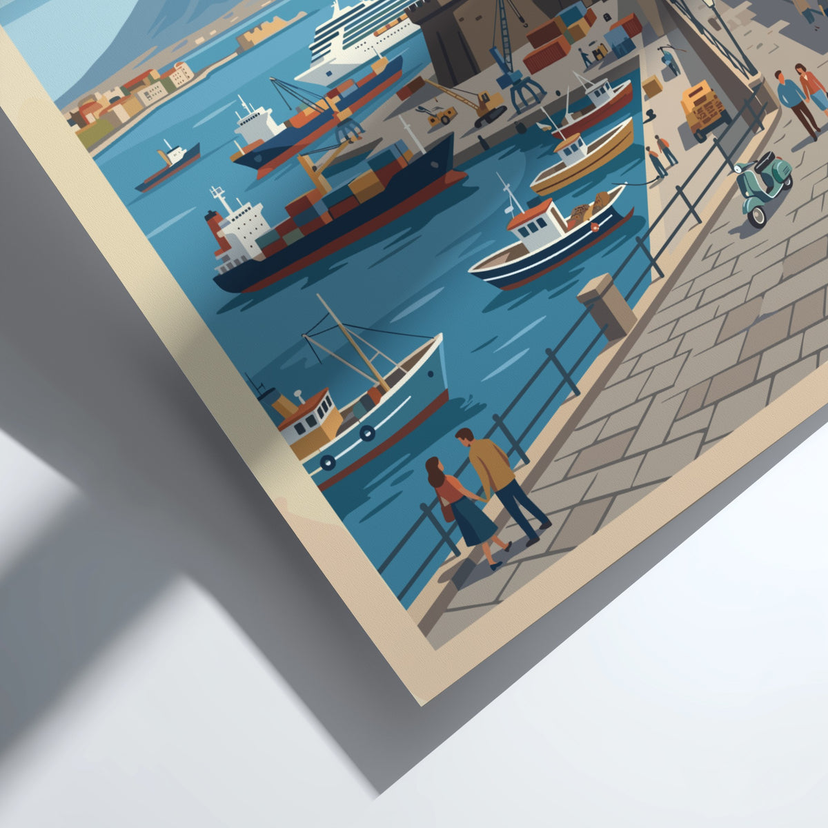 Naples Italy travel poster featuring a historic castle, harbor ships, and Mount Vesuvius.
