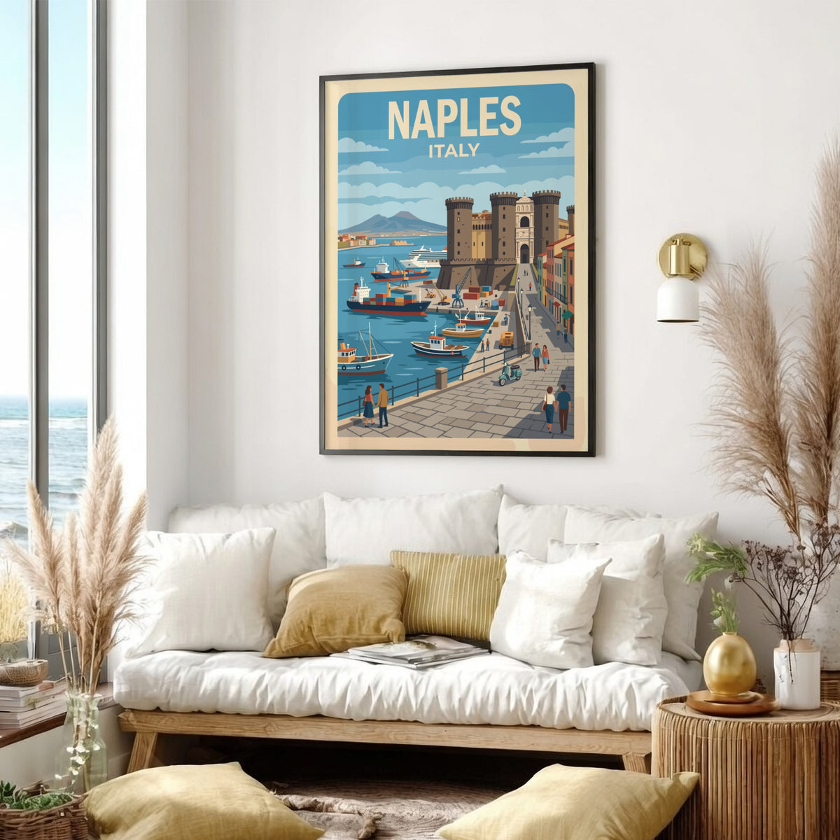 Naples Italy travel poster featuring a historic castle, harbor ships, and Mount Vesuvius.