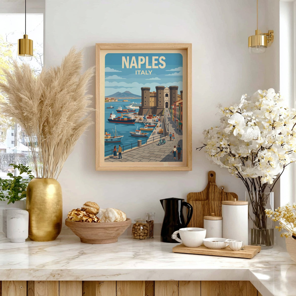 Naples Italy travel poster featuring a historic castle, harbor ships, and Mount Vesuvius.