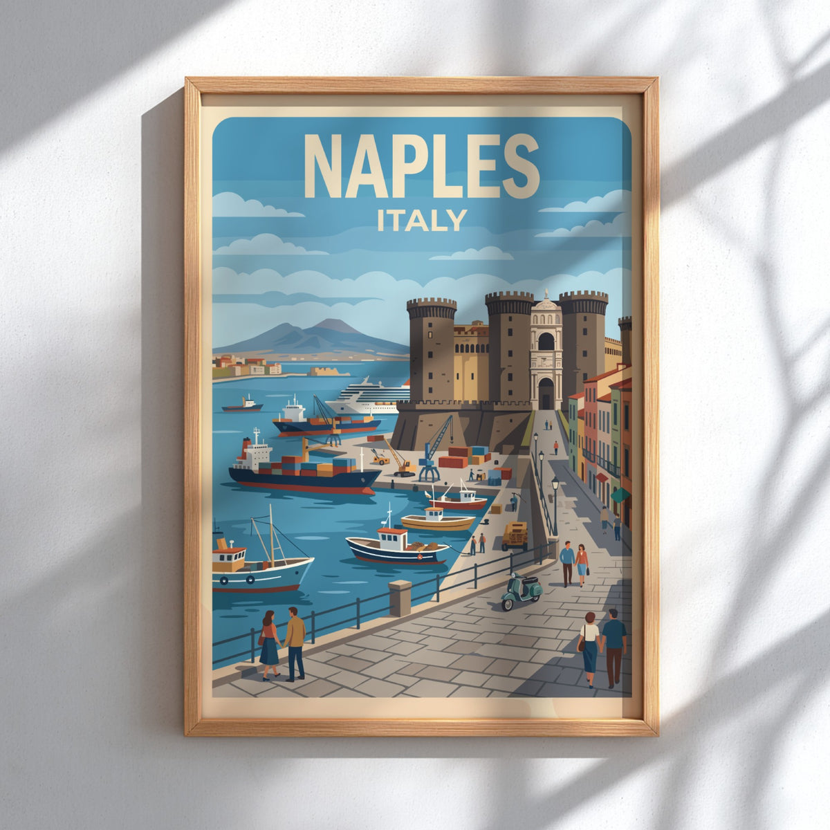 Naples Italy travel poster featuring a historic castle, harbor ships, and Mount Vesuvius.