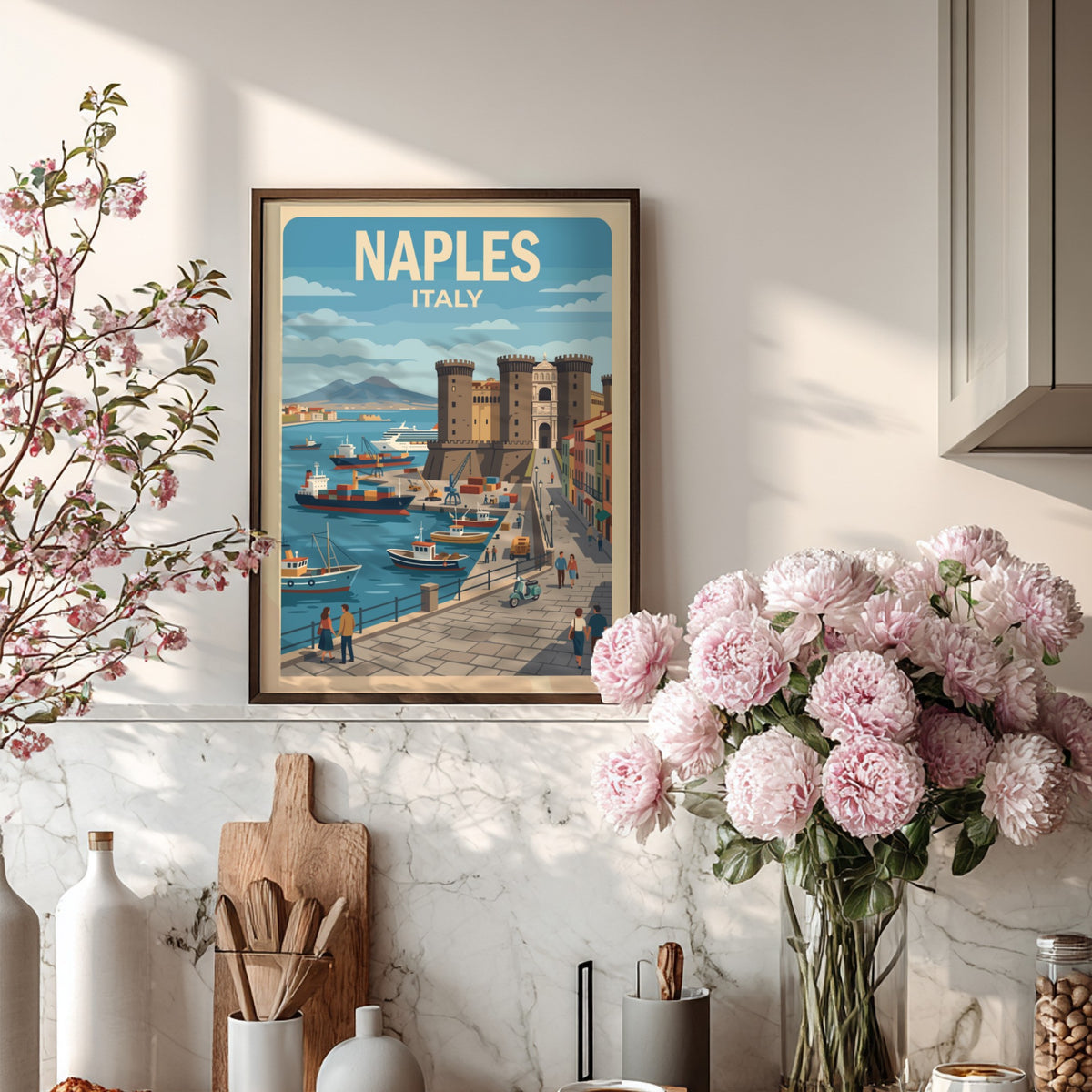 Naples Italy travel poster featuring a historic castle, harbor ships, and Mount Vesuvius.