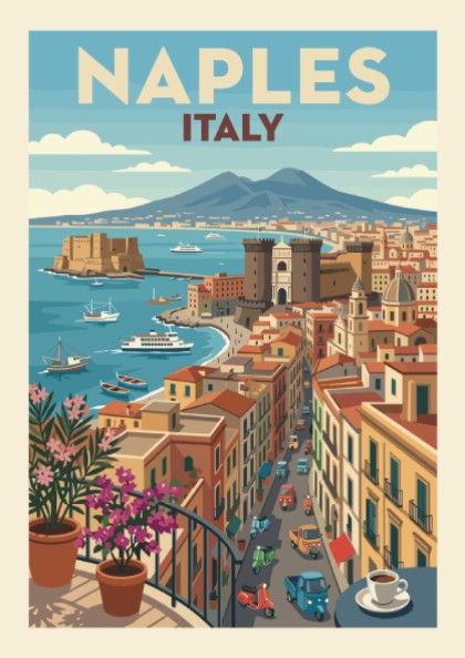 Vintage Naples Italy travel poster with Mount Vesuvius and city skyline in retro style.