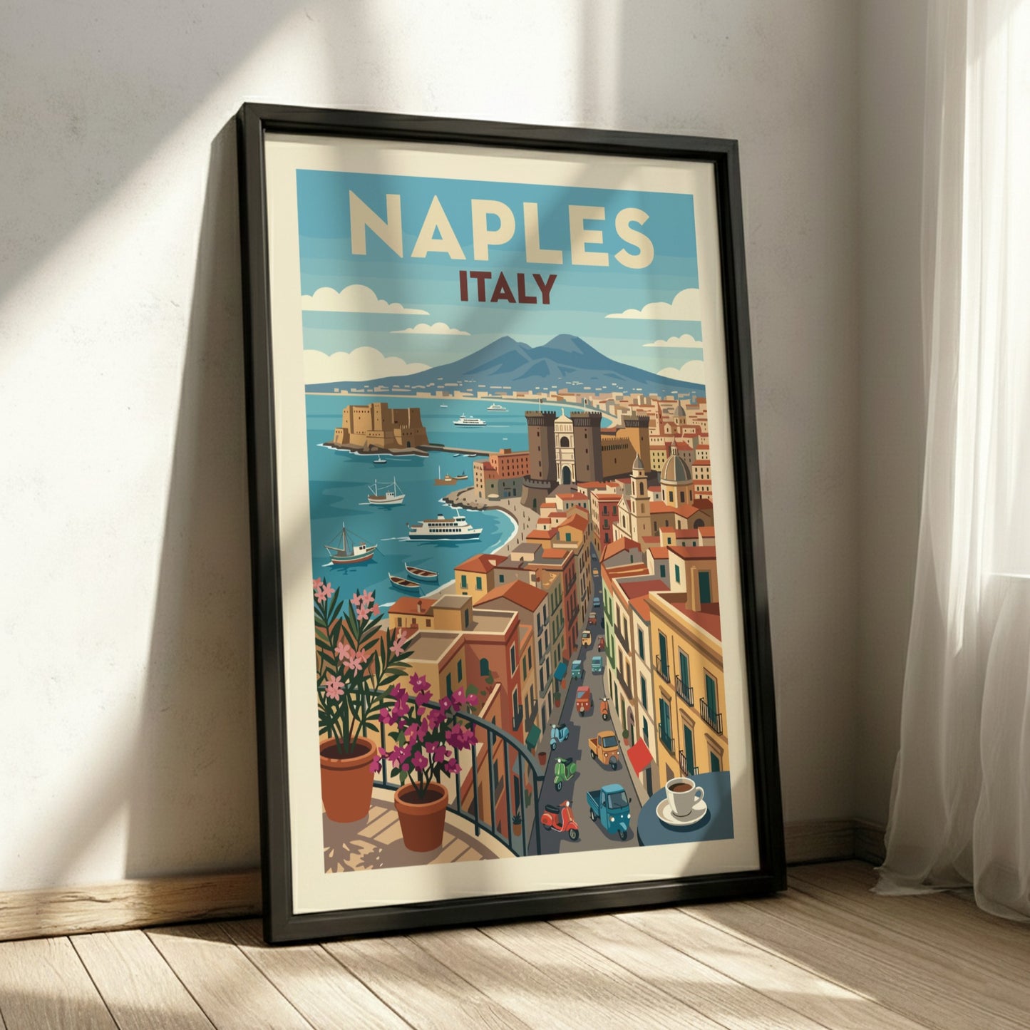 Vintage Naples Italy travel poster with Mount Vesuvius and city skyline in retro style.