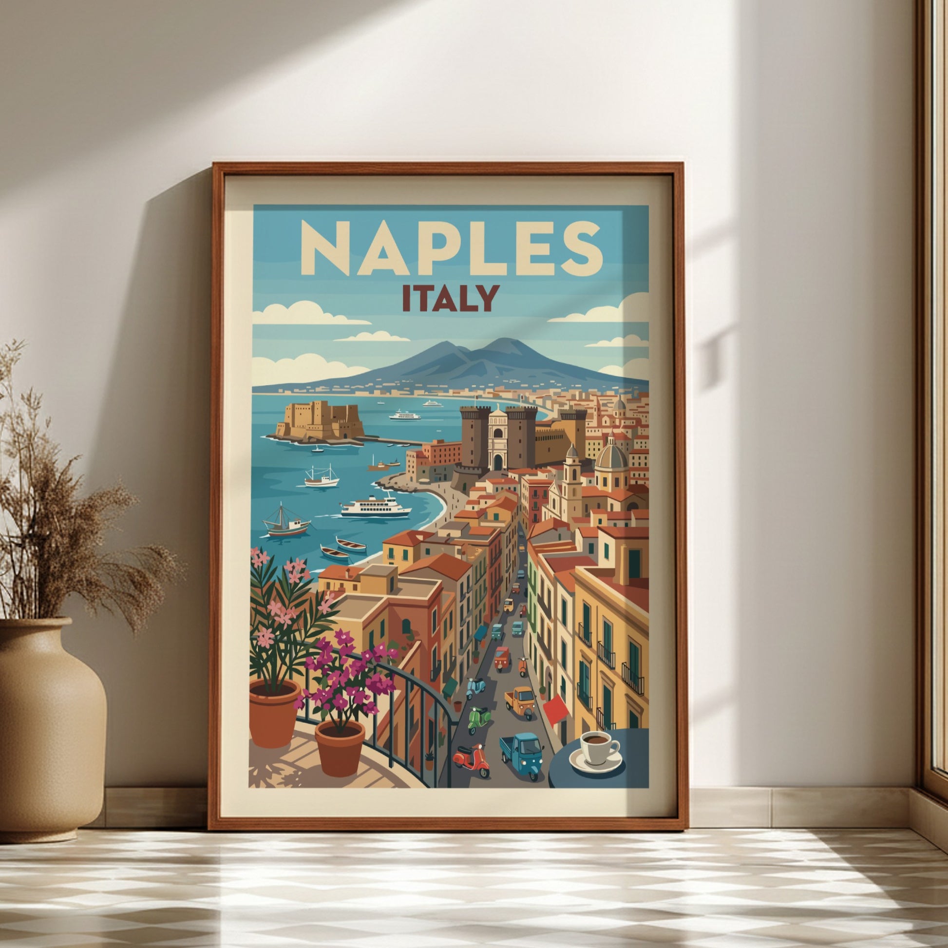 Vintage Naples Italy travel poster with Mount Vesuvius and city skyline in retro style.
