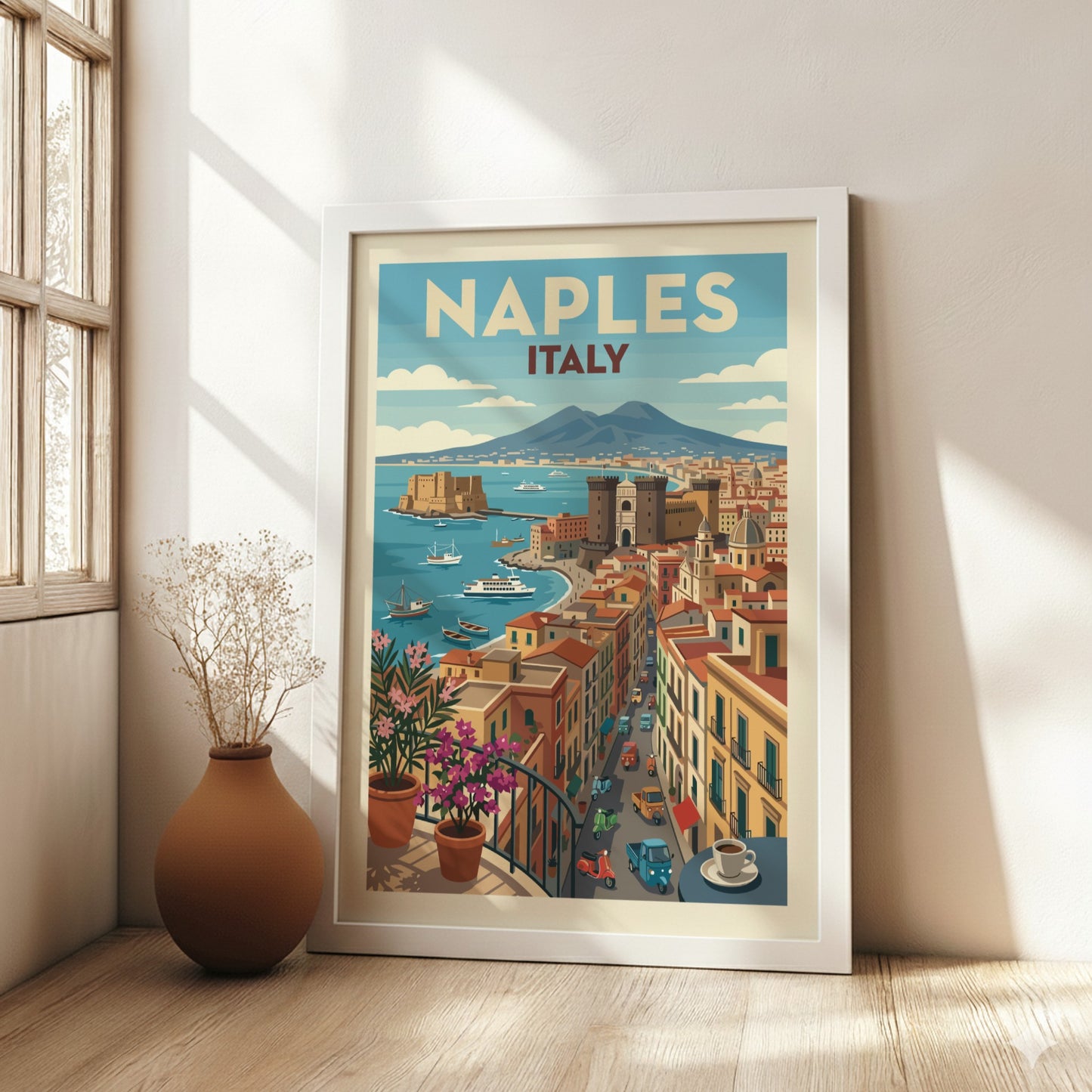 Vintage Naples Italy travel poster with Mount Vesuvius and city skyline in retro style.