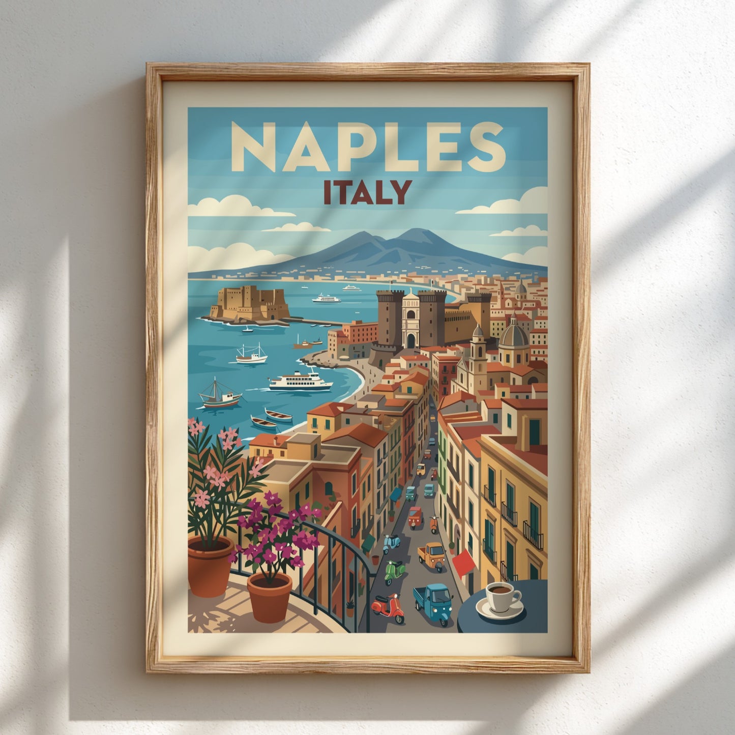 Vintage Naples Italy travel poster with Mount Vesuvius and city skyline in retro style.