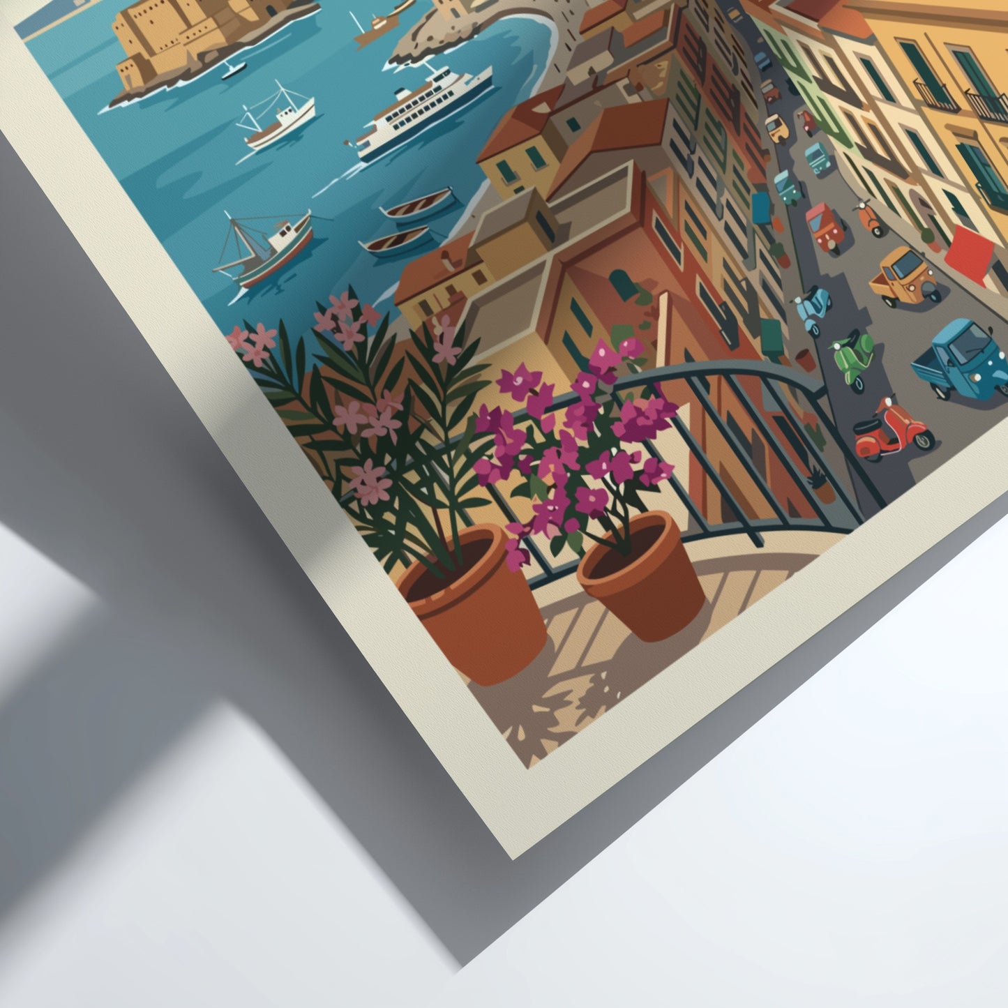 Vintage Naples Italy travel poster with Mount Vesuvius and city skyline in retro style.