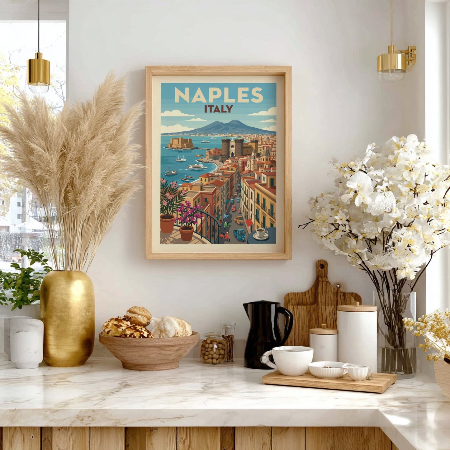 Vintage Naples Italy travel poster with Mount Vesuvius and city skyline in retro style.