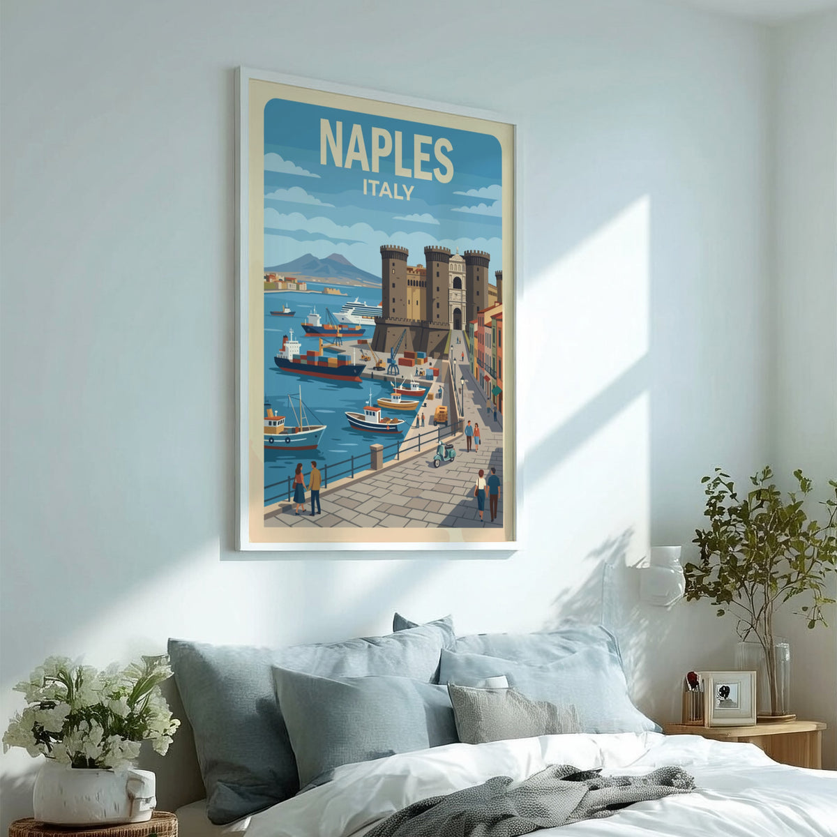 Naples Italy travel poster featuring a historic castle, harbor ships, and Mount Vesuvius.