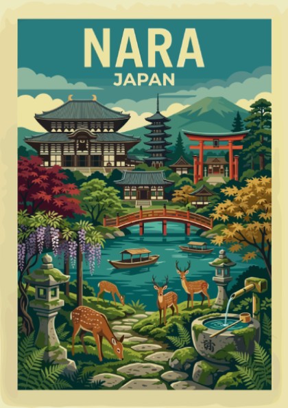 Nara Japan travel poster featuring temples, torii gate, deer, and a pond in a vibrant illustrative style.