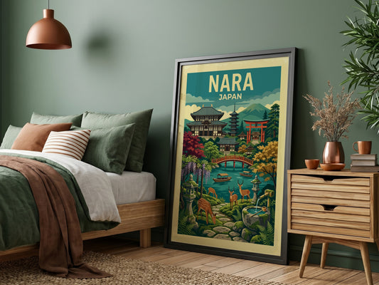 Nara Japan travel poster featuring temples, torii gate, deer, and a pond in a vibrant illustrative style.