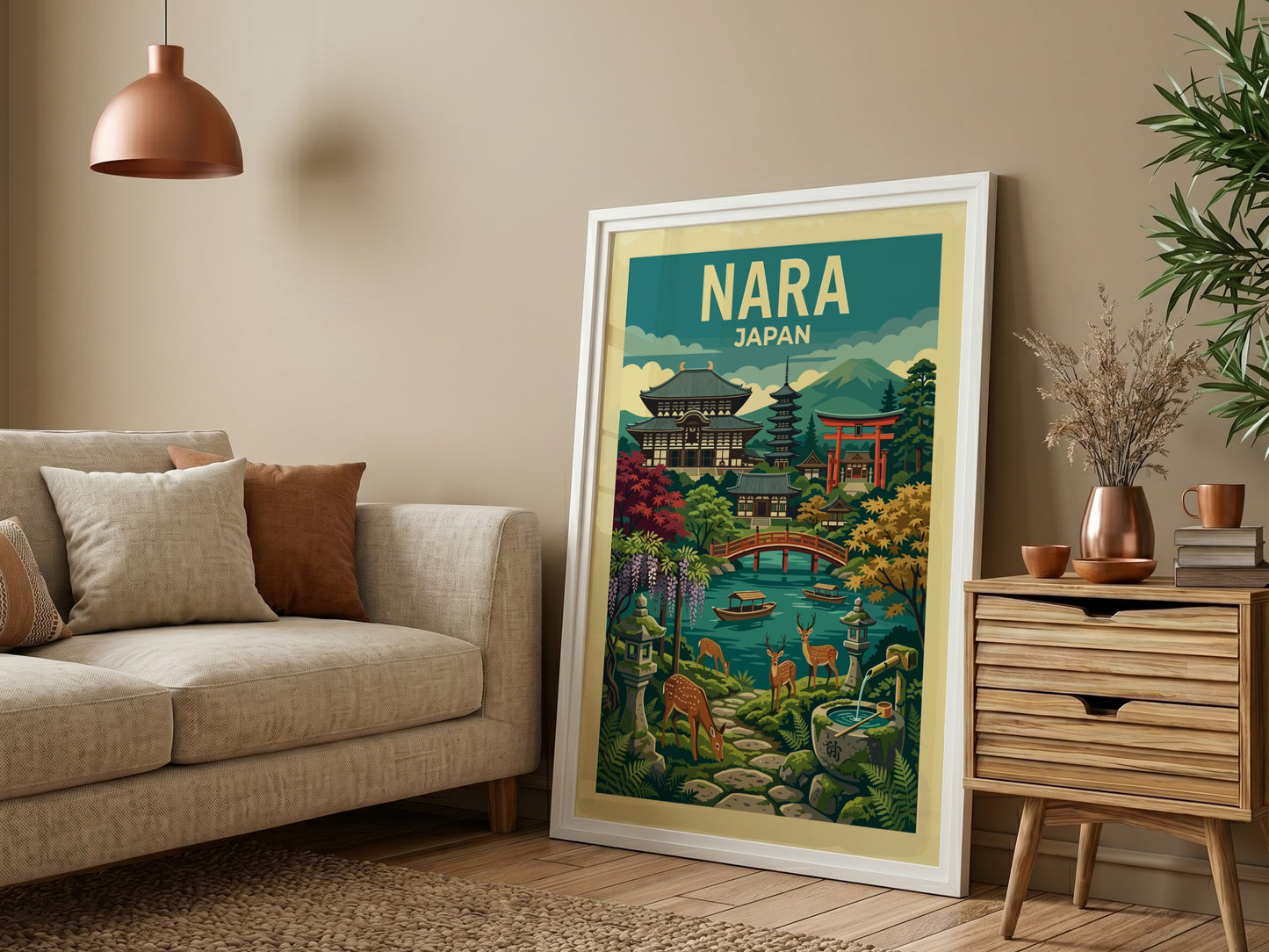 Nara Japan travel poster featuring temples, torii gate, deer, and a pond in a vibrant illustrative style.