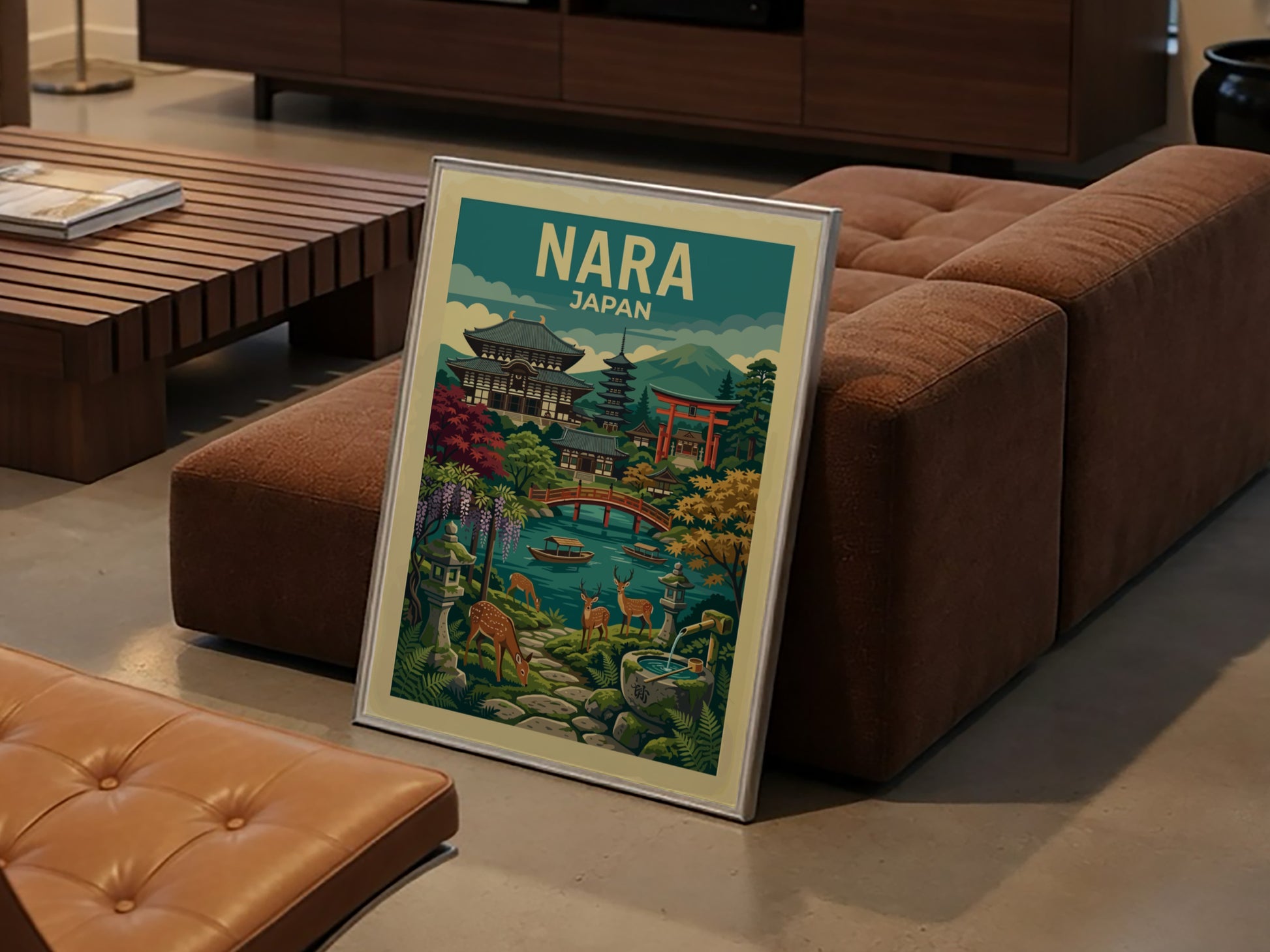 Nara Japan travel poster featuring temples, torii gate, deer, and a pond in a vibrant illustrative style.
