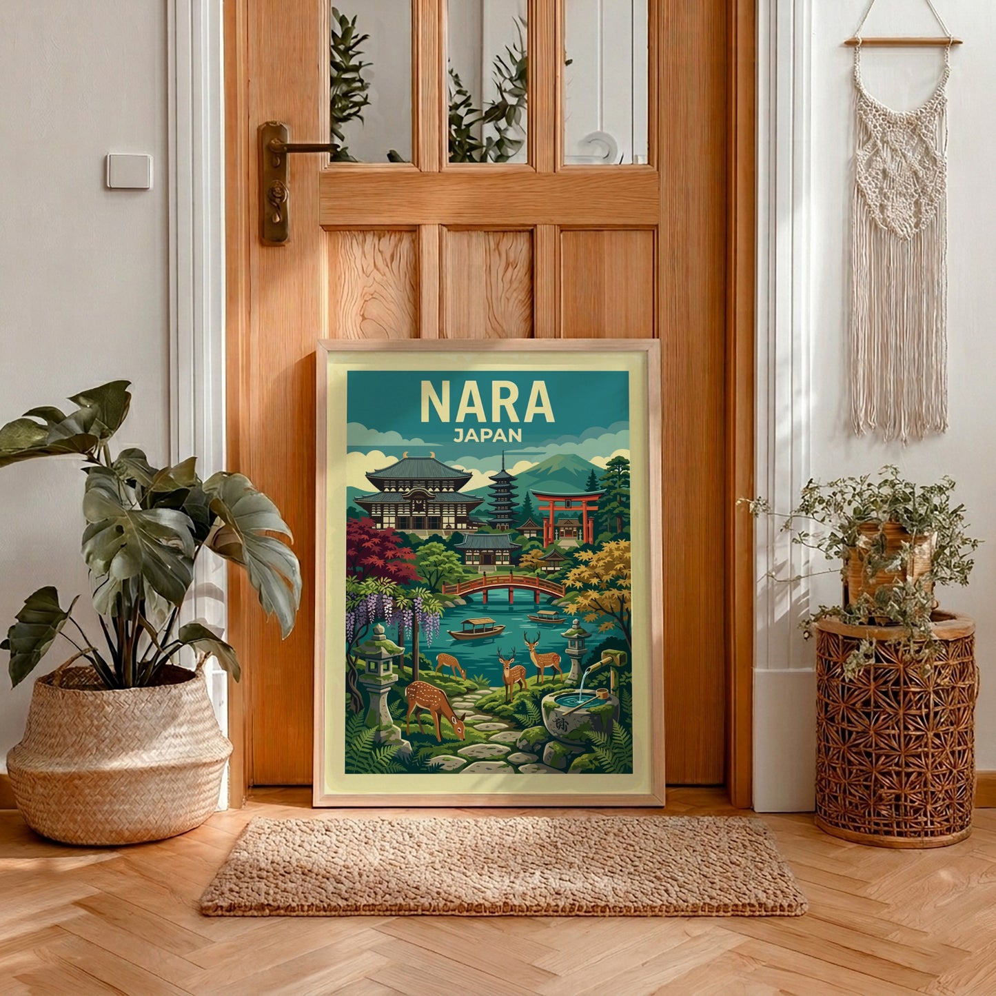 Nara Japan travel poster featuring temples, torii gate, deer, and a pond in a vibrant illustrative style.